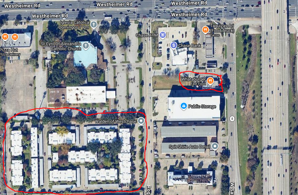 Walden Internet Village (left) and Whataburger (right), Houston. Street between them, then the parking lot. The street is four lanes in this map; in 2002 it was two.